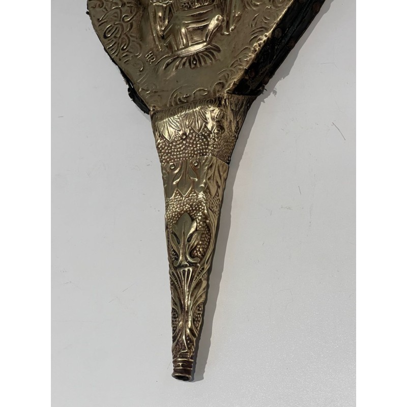 Louis XVI Style Fireplace Bellows in Embossed Brass with Female Figure. France. Circa 1900.