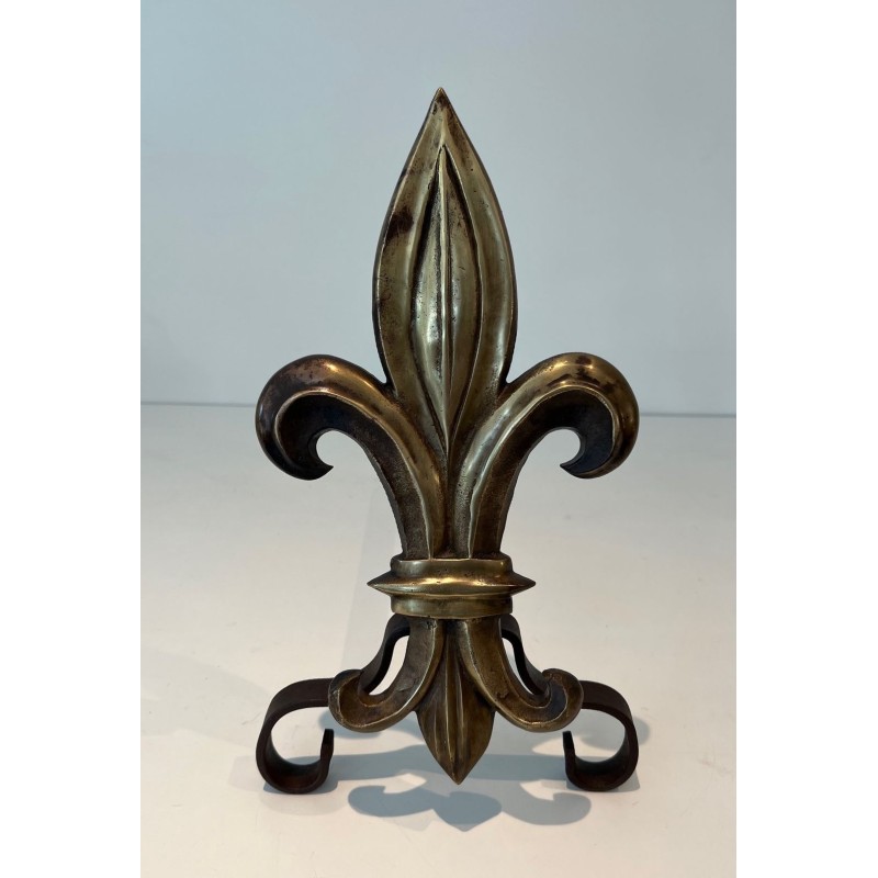 Pair of Bronze and Wrought Iron Andirons with Fleur-de-Lys Uprights. France. Circa 1940.