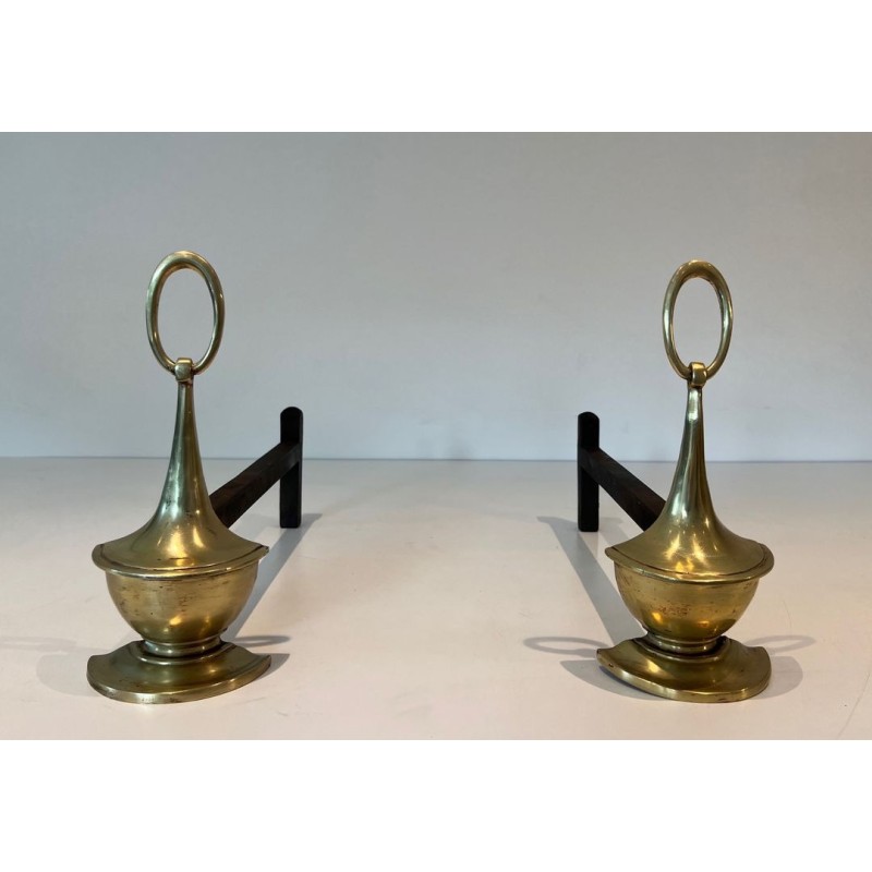 Pair of Neoclassical Style Bronze Andirons of Oil Lamp Form with Ring Finials. England. Circa 1960.