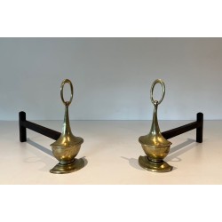 Pair of Neoclassical Style Bronze Andirons of Oil Lamp Form with Ring Finials. England. Circa 1960.