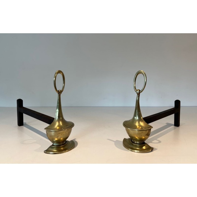 Pair of Neoclassical Style Bronze Andirons of Oil Lamp Form with Ring Finials. England. Circa 1960.