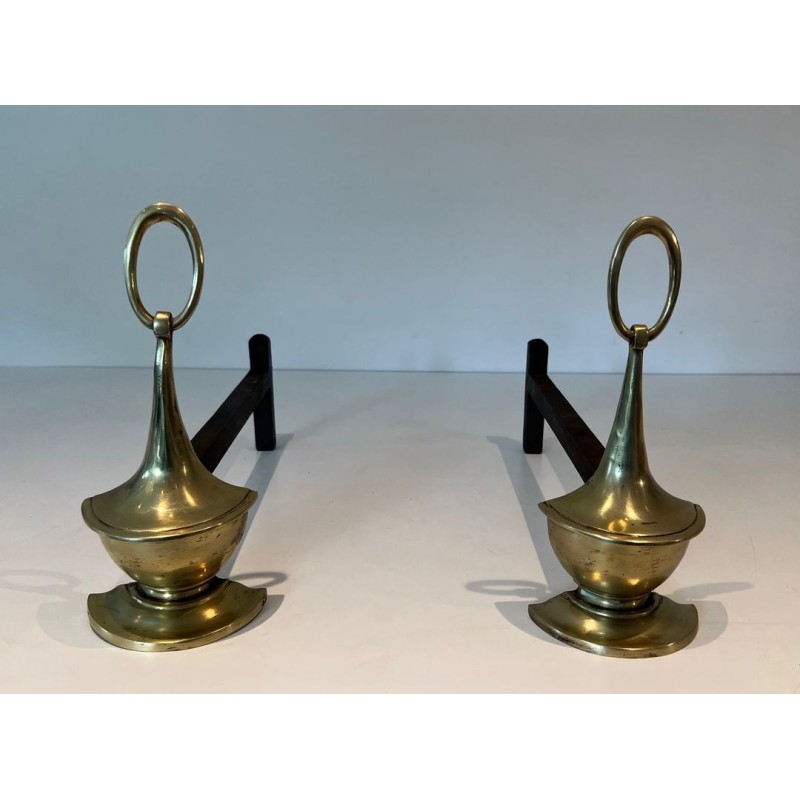 Pair of Neoclassical Style Bronze Andirons of Oil Lamp Form with Ring Finials. England. Circa 1960.