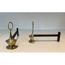 Pair of Neoclassical Style Bronze Andirons of Oil Lamp Form with Ring Finials. England. Circa 1960.