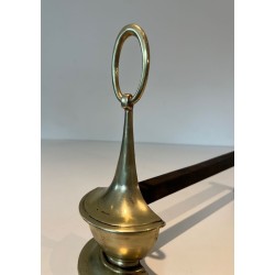 Pair of Neoclassical Style Bronze Andirons of Oil Lamp Form with Ring Finials. England. Circa 1960.