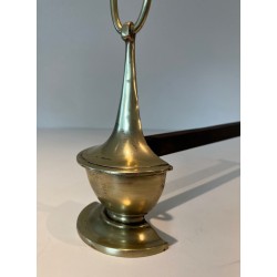 Pair of Neoclassical Style Bronze Andirons of Oil Lamp Form with Ring Finials. England. Circa 1960.