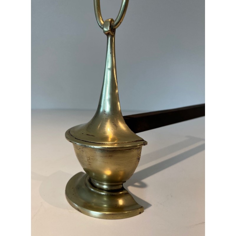 Pair of Neoclassical Style Bronze Andirons of Oil Lamp Form with Ring Finials. England. Circa 1960.