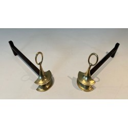 Pair of Neoclassical Style Bronze Andirons of Oil Lamp Form with Ring Finials. England. Circa 1960.