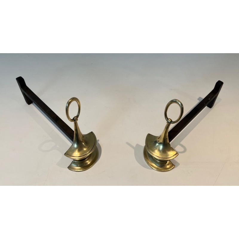 Pair of Neoclassical Style Bronze Andirons of Oil Lamp Form with Ring Finials. England. Circa 1960.