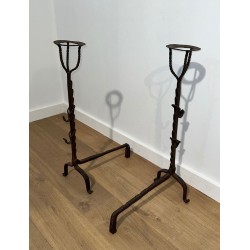 Pair of Monumental Wrought Iron Landiers with Pot-Ring Crowns and Ratchet Uprights. France. 18th Century.