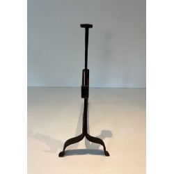 Pair of Wrought Iron Andirons with Ratchet Uprights and Tripod Bases. France. Circa 1900.