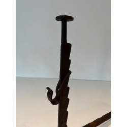 Pair of Wrought Iron Andirons with Ratchet Uprights and Tripod Bases. France. Circa 1900.