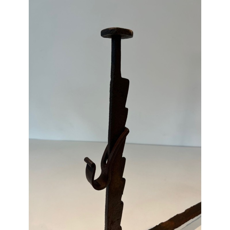 Pair of Wrought Iron Andirons with Ratchet Uprights and Tripod Bases. France. Circa 1900.