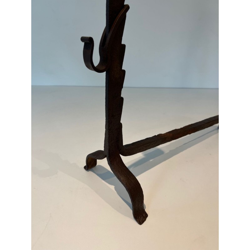 Pair of Wrought Iron Andirons with Ratchet Uprights and Tripod Bases. France. Circa 1900.