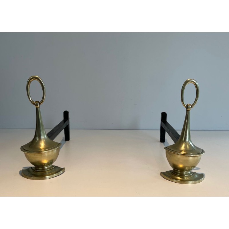 Pair of Neoclassical Bronze Andirons in the Form of Antique Oil Lamps with Oval Ring Finials. England. Circa 1960.