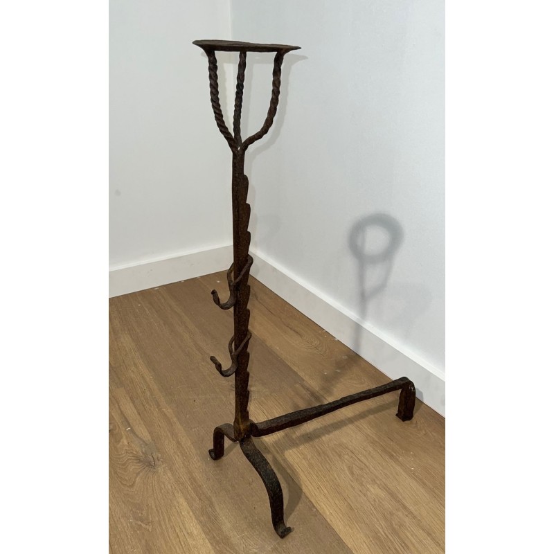 Pair of Monumental Wrought Iron Landiers with Pot-Ring Crowns and Ratchet Uprights. France. 18th Century.