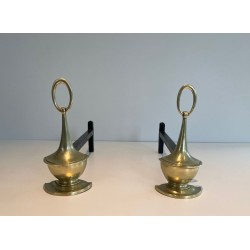 Pair of Neoclassical Bronze Andirons in the Form of Antique Oil Lamps with Oval Ring Finials. England. Circa 1960.