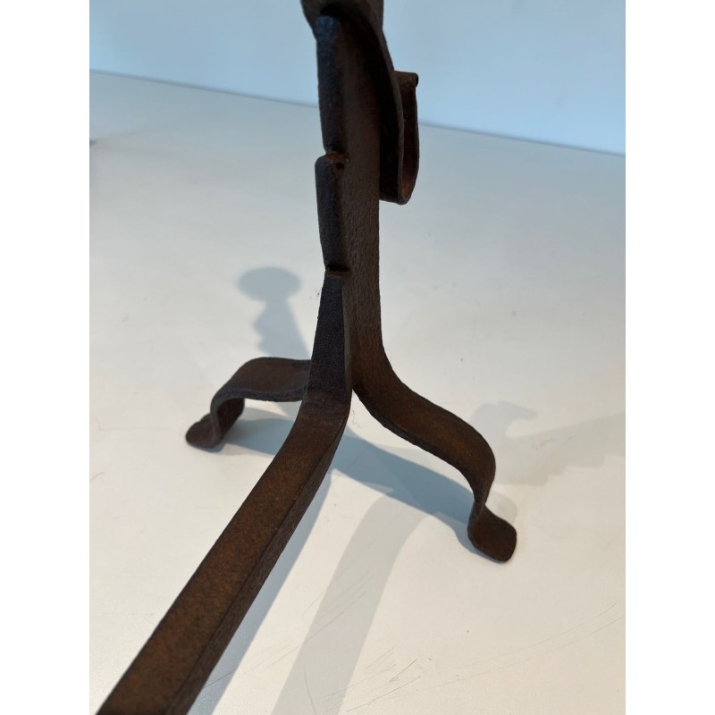 Pair of Wrought Iron Andirons with Ratchet Uprights and Tripod Bases. France. Circa 1900.