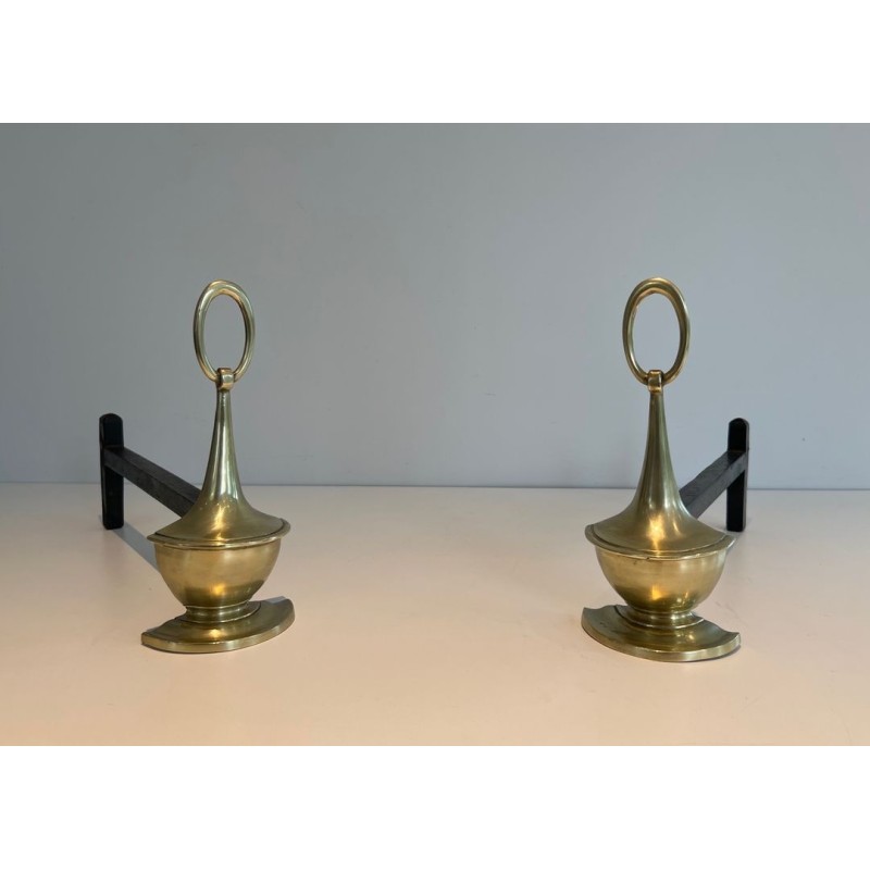 Pair of Neoclassical Bronze Andirons in the Form of Antique Oil Lamps with Oval Ring Finials. England. Circa 1960.