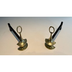 Pair of Neoclassical Bronze Andirons in the Form of Antique Oil Lamps with Oval Ring Finials. England. Circa 1960.