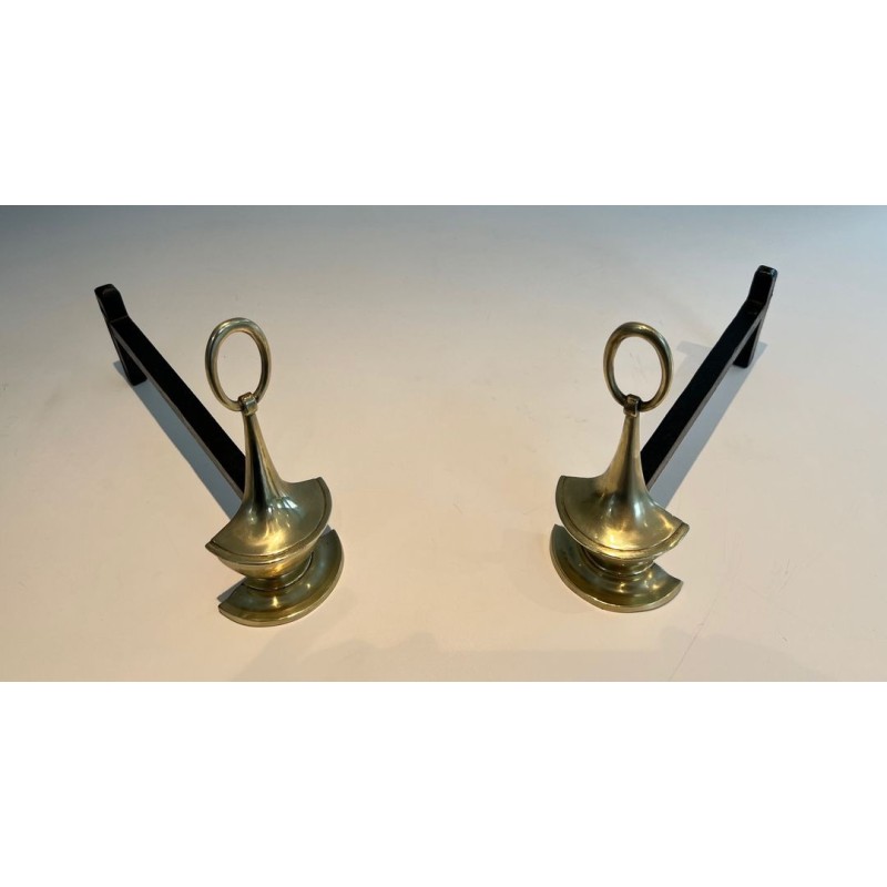 Pair of Neoclassical Bronze Andirons in the Form of Antique Oil Lamps with Oval Ring Finials. England. Circa 1960.