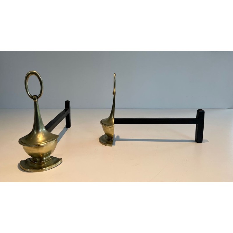 Pair of Neoclassical Bronze Andirons in the Form of Antique Oil Lamps with Oval Ring Finials. England. Circa 1960.