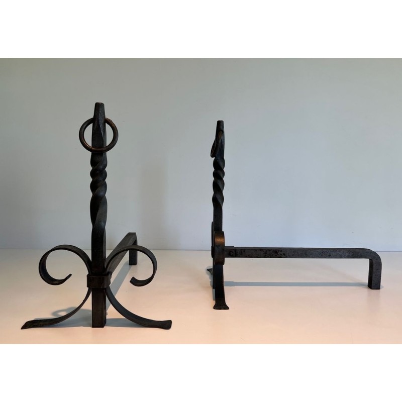 Pair of Neoclassical Wrought Iron Andirons with Twisted Column Uprights, Ring Finials and Scrolled Feet. France. Circa 1920.