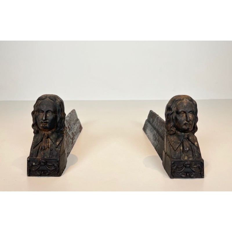 Pair of Cast Iron Andirons with Portrait Busts of Beethoven. France. Circa 1900.