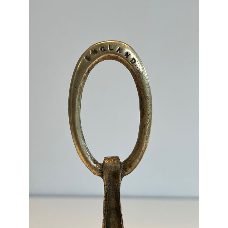 Pair of Neoclassical Bronze Andirons in the Form of Antique Oil Lamps with Oval Ring Finials. England. Circa 1960.