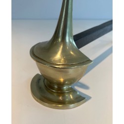 Pair of Neoclassical Bronze Andirons in the Form of Antique Oil Lamps with Oval Ring Finials. England. Circa 1960.