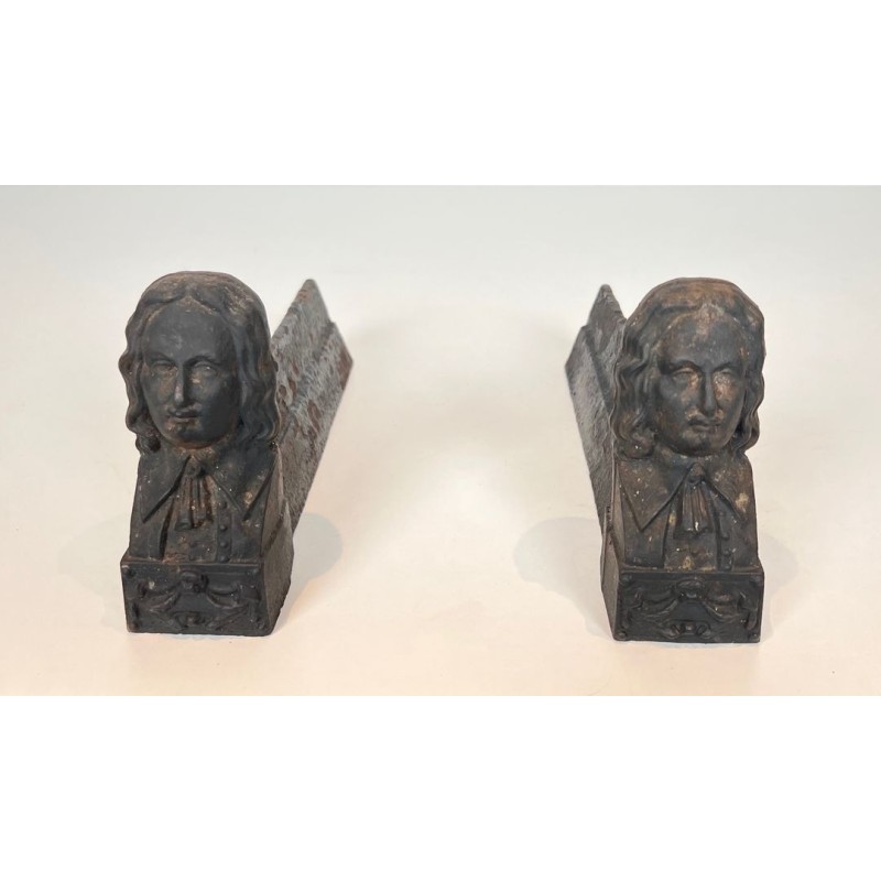 Pair of Cast Iron Andirons with Portrait Busts of Beethoven. France. Circa 1900.
