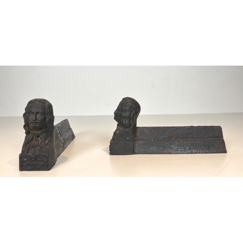 Pair of Cast Iron Andirons with Portrait Busts of Beethoven. France. Circa 1900.