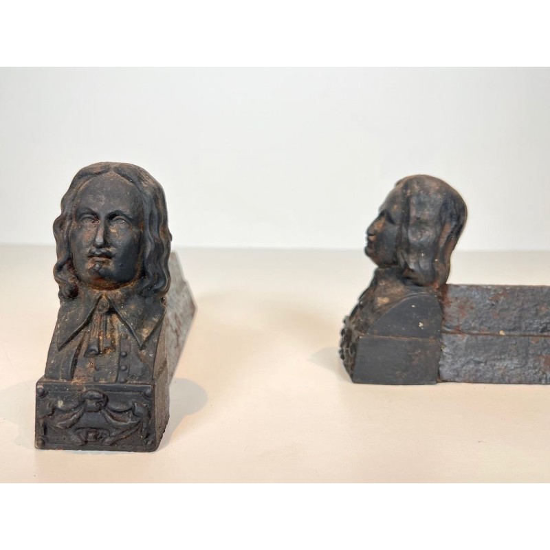 Pair of Cast Iron Andirons with Portrait Busts of Beethoven. France. Circa 1900.