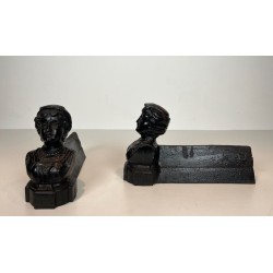 Pair of Cast Iron Andirons with Portrait Busts of an "Italienne". France. Circa 1950.