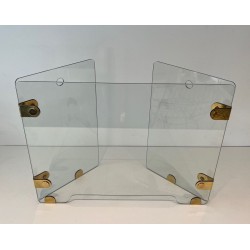 Three-Panel Clear Glass Folding Fireplace Screen with Oval Brass Hinge Plates. France. Circa 1970.
