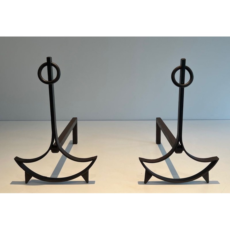 Pair of Wrought Iron Andirons with Ring Finials and Swept Crescent Bases. France. Circa 1940.