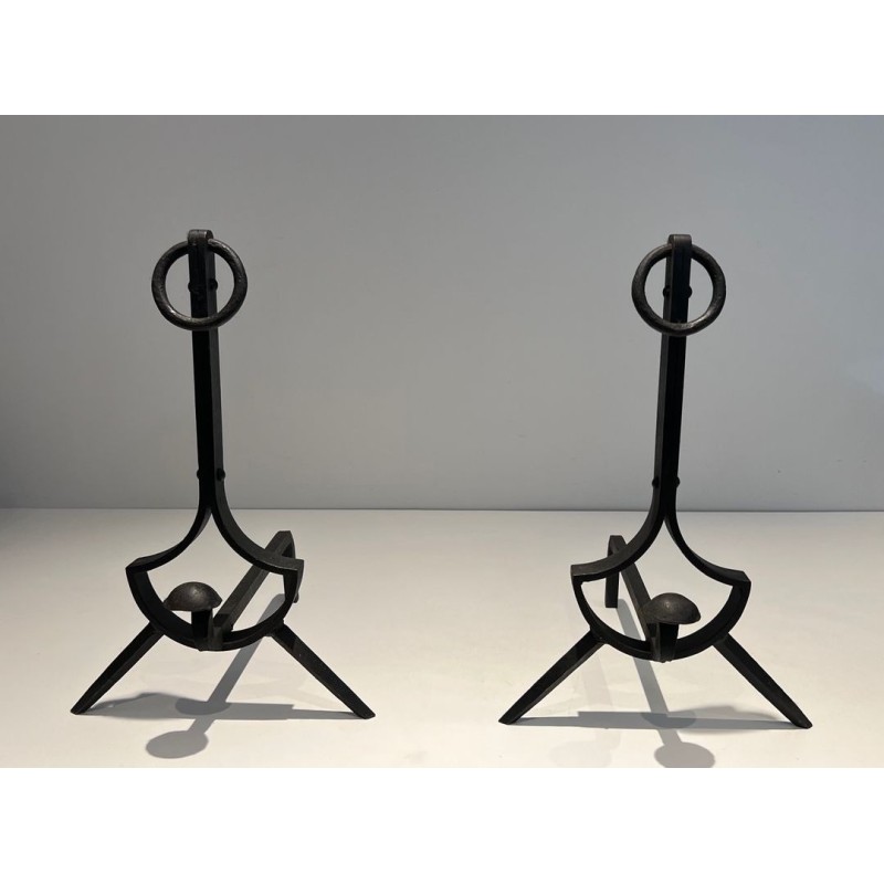 Pair of Modernist Wrought Iron Andirons with Ring Finials and Splayed Tripod Bases. France. Circa 1940.