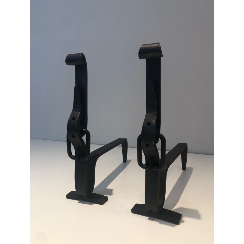 Pair of Wrought Iron Andirons of "Ceinture" Belt Model. France. Circa 1950.