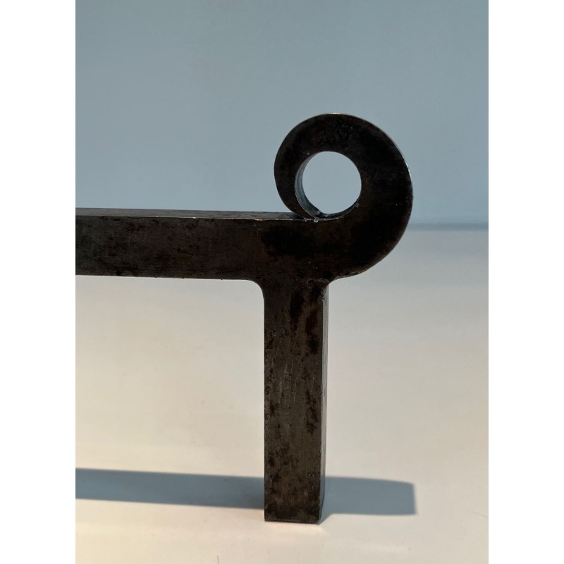 Pair of Modernist Andirons with Large Brass Ring Uprights and Chromed Steel Horseshoe Log Rests. France. Circa 1970.