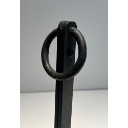 Pair of Modernist Wrought Iron Andirons with Ring Finials and Splayed Tripod Bases. France. Circa 1940.