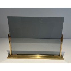 Single-Panel Smoked Glass Fireplace Screen with Tapering Brass Uprights. France. Circa 1970.