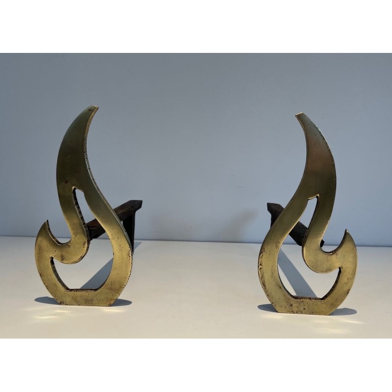 Pair of Brass Andirons with Sculptural Flame Uprights. France. Circa 1920.
