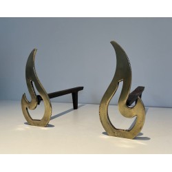 Pair of Brass Andirons with Sculptural Flame Uprights. France. Circa 1920.