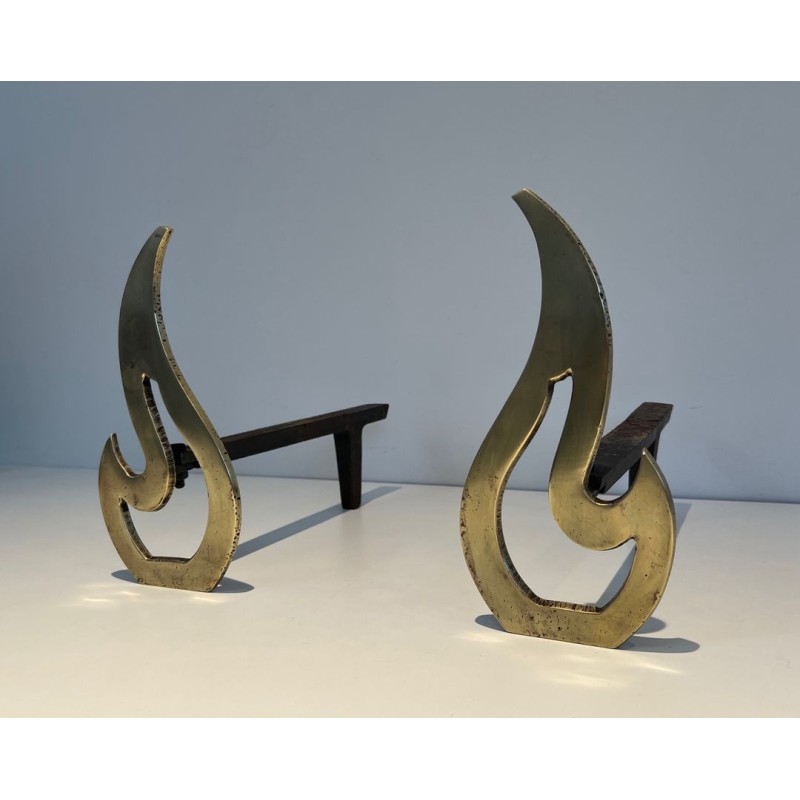 Pair of Brass Andirons with Sculptural Flame Uprights. France. Circa 1920.