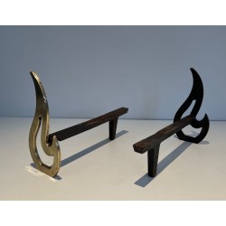 Pair of Brass Andirons with Sculptural Flame Uprights. France. Circa 1920.