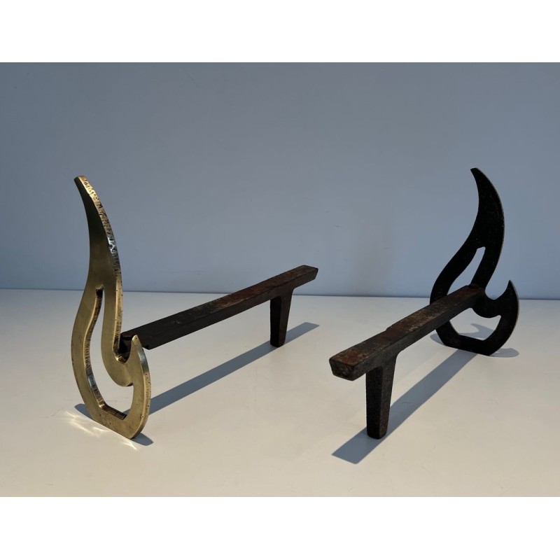 Pair of Brass Andirons with Sculptural Flame Uprights. France. Circa 1920.