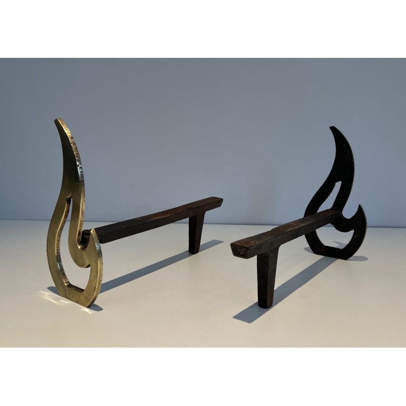 Pair of Brass Andirons with Sculptural Flame Uprights. France. Circa 1920.