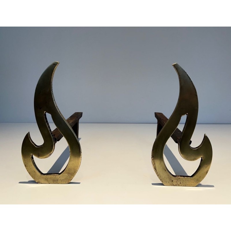 Pair of Brass Andirons with Sculptural Flame Uprights. France. Circa 1920.