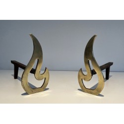 Pair of Brass Andirons with Sculptural Flame Uprights. France. Circa 1920.