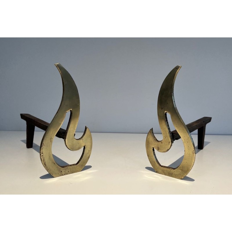 Pair of Brass Andirons with Sculptural Flame Uprights. France. Circa 1920.