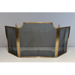 Three-Panel Neoclassical Brass and Wire Mesh Folding Fireplace Screen with Rope-Twist Frame. France. Circa 1970.